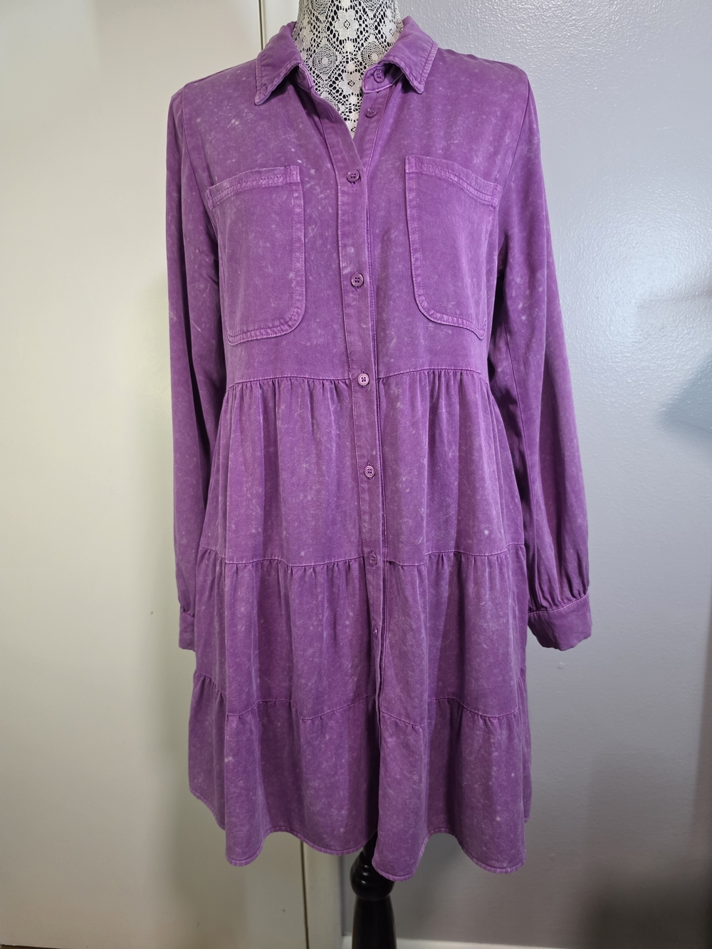 JODIFL Purple Washed Tiered Button Front Long Sleeve Shirt Dress M